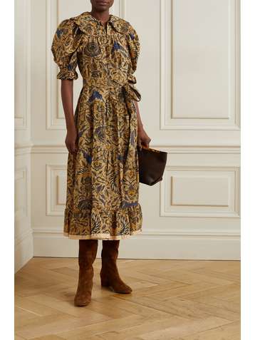 ULLA JOHNSON Rosalind belted printed cotton-poplin midi dress