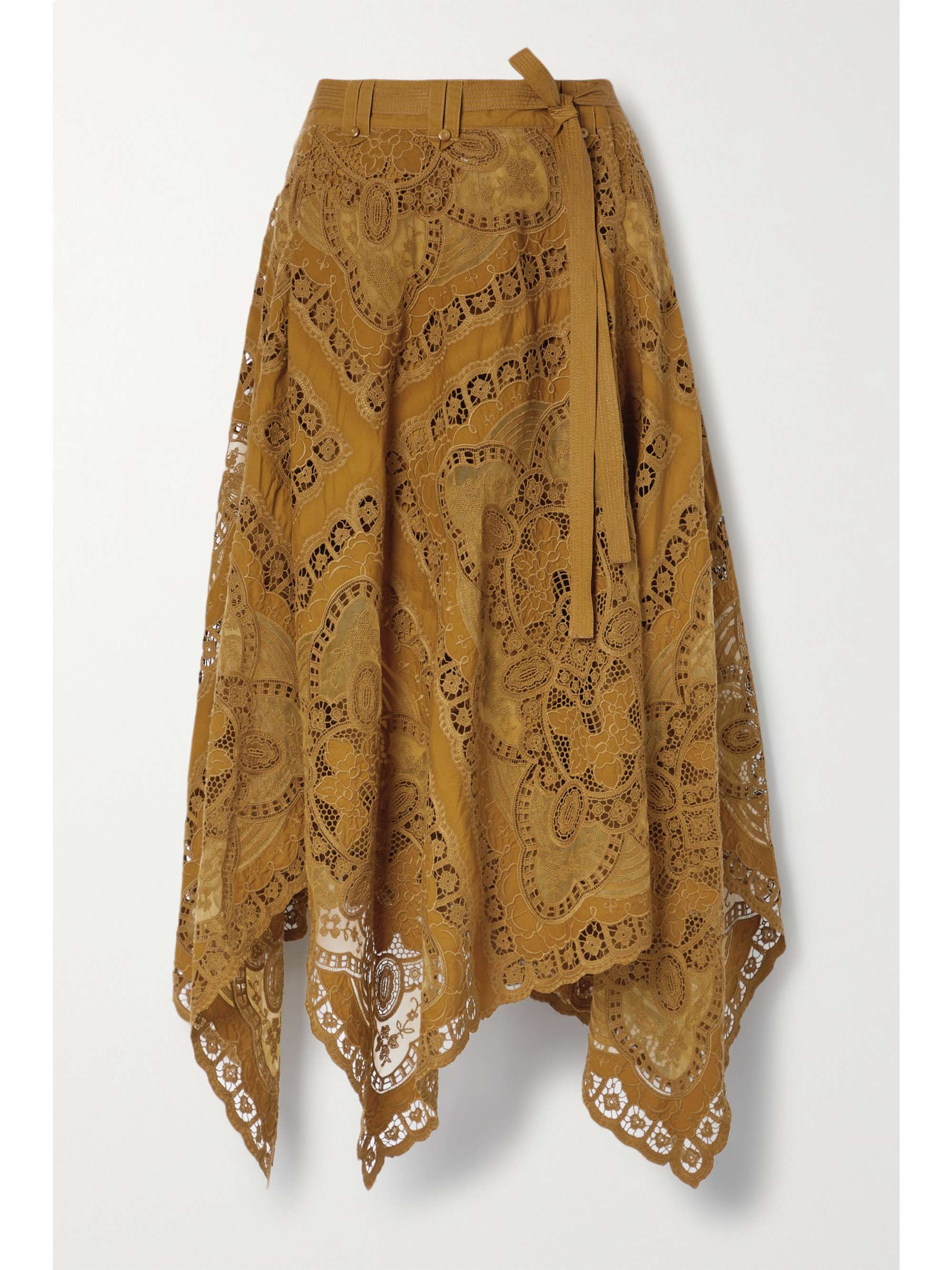Camel Elyse belted guipure lace and 