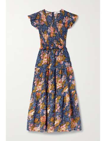 SEA Ines shirred floral-print ramie midi dress