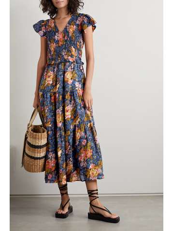 SEA Ines shirred floral-print ramie midi dress