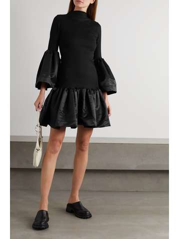 MARQUES' ALMEIDA + NET SUSTAIN ribbed organic cotton-blend and taffeta turtleneck mini dress