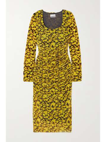 GANNI + NET SUSTAIN Midikleid aus recyceltem Stretch-Mesh mit Blumenprint