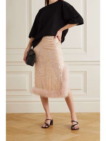 DRIES VAN NOTEN Spany feather-trimmed sequined tulle midi skirt
