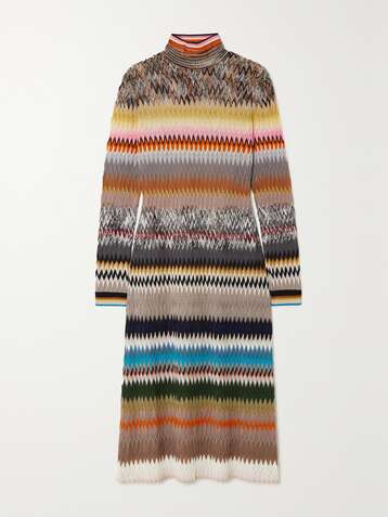 MISSONI Striped crochet-knit turtleneck midi dress