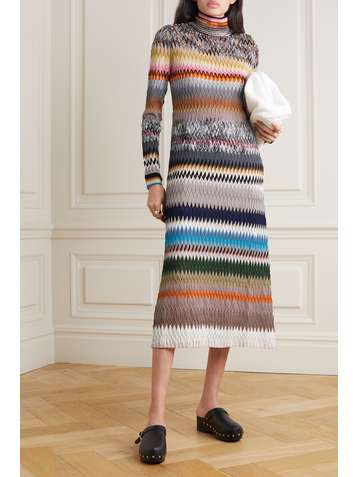 MISSONI Striped crochet-knit turtleneck midi dress
