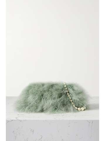 DRIES VAN NOTEN Velvet-trimmed feather-embellished satin clutch