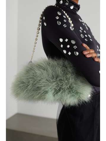 DRIES VAN NOTEN Velvet-trimmed feather-embellished satin clutch