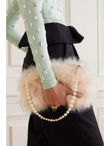 DRIES VAN NOTEN Velvet-trimmed feather-embellished satin clutch