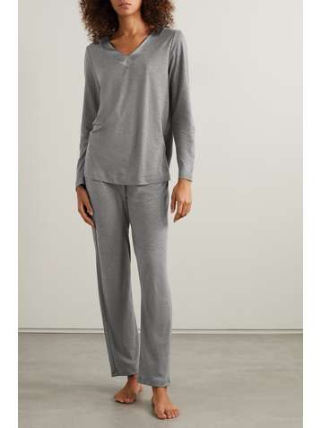 HANRO Jade Pyjama aus Jersey aus einer Baumwoll-Modalmischung mit Satinbesatz