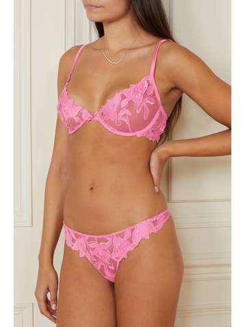 FLEUR DU MAL Lily satin-trimmed embroidered stretch-tulle thong