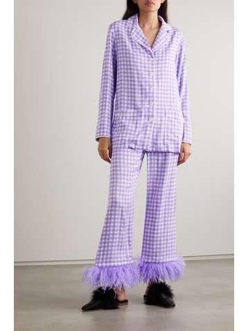 SLEEPER Pyjama aus Crêpe de Chine mit Gingham-Karo und Federn