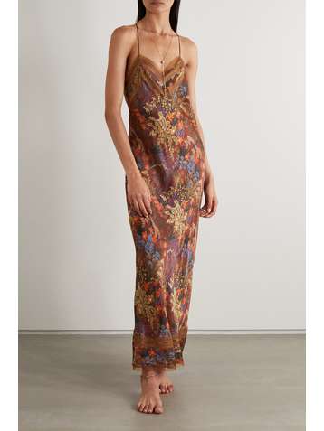 CARINE GILSON Nachthemd aus Seidensatin mit Blumenprint und Besätzen aus Chantilly-Spitze