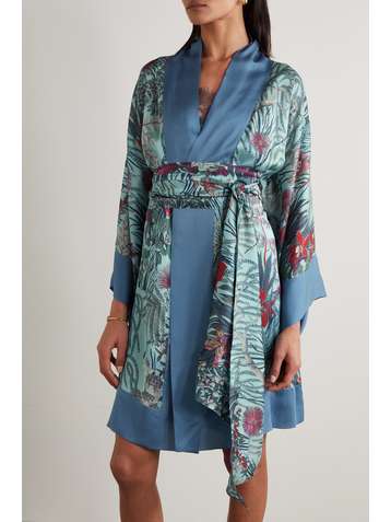 CARINE GILSON Morgenmantel aus Seidensatin mit Blumenprint und Bindegürtel