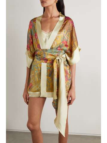 CARINE GILSON Morgenmantel aus Seidensatin mit Blumenprint und Bindegürtel