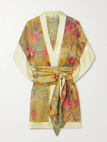 CARINE GILSON Morgenmantel aus Seidensatin mit Blumenprint und Bindegürtel