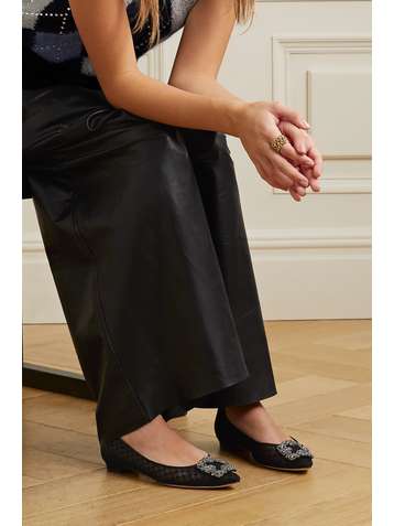MANOLO BLAHNIK Hangisi embellished satin-trimmed embroidered tulle point-toe flats