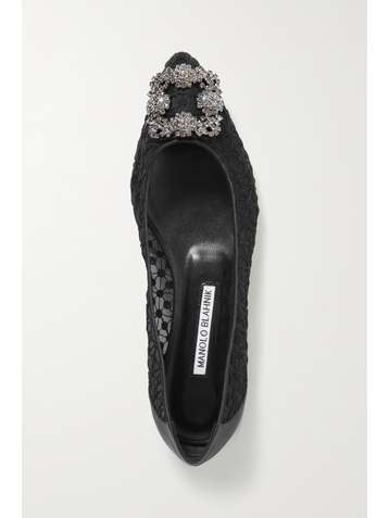 MANOLO BLAHNIK Hangisi embellished satin-trimmed embroidered tulle point-toe flats