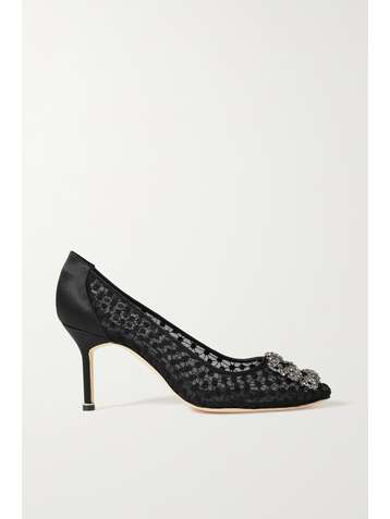 MANOLO BLAHNIK Hangisi 90 Pumps aus Spitze, Mesh und Satin mit Verzierung