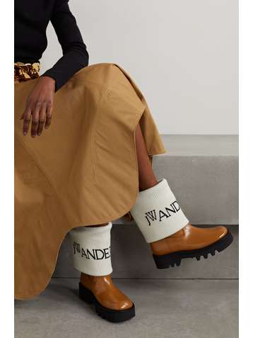 JW ANDERSON Fisherman wool-jacquard trimmed glossed-leather ankle boots