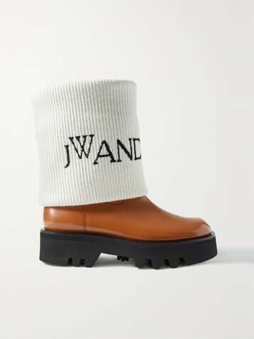 JW ANDERSON Fisherman wool-jacquard trimmed glossed-leather ankle boots