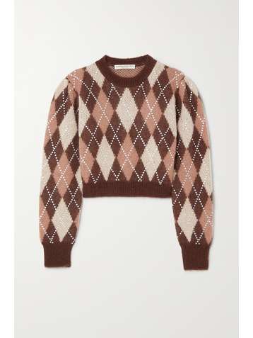 ALESSANDRA RICH Crystal-embellished argyle brushed mohair-blend sweater