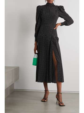 ALESSANDRA RICH Pleated polka-dot silk crepe de chine midi dress