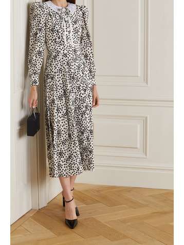 ALESSANDRA RICH Lace-trimmed floral-print silk crepe de chine midi dress