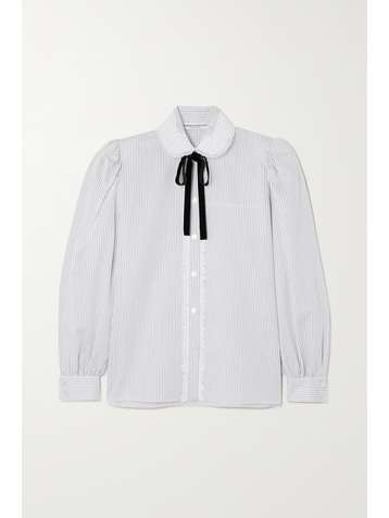ALESSANDRA RICH Striped lace and velvet-trimmed cotton-poplin blouse