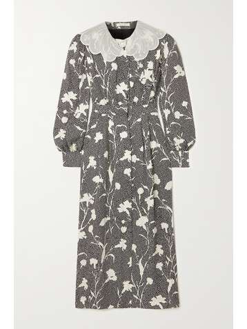 ALESSANDRA RICH Broderie anglaise-trimmed printed silk crepe de chine dress