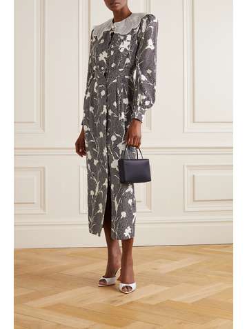 ALESSANDRA RICH Broderie anglaise-trimmed printed silk crepe de chine dress