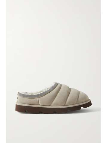 BRUNELLO CUCINELLI Bead-embellished shearling-lined quilted suede slippers