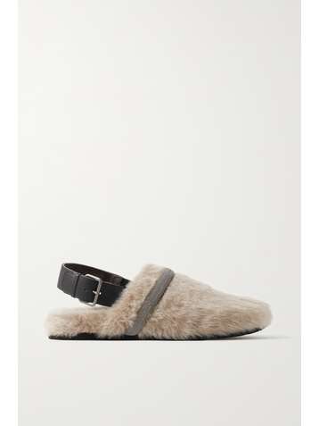 BRUNELLO CUCINELLI Bead-embellished shearling and leather clogs
