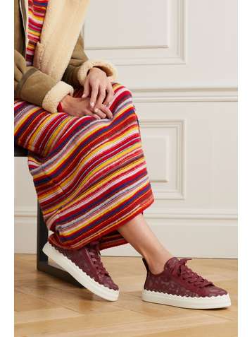 CHLOÉ Lauren scalloped logo-detailed lace and leather sneakers