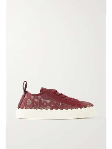 CHLOÉ Lauren scalloped logo-detailed lace and leather sneakers