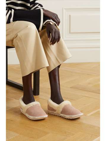 CHLOÉ Woody logo-detailed shearling-lined suede slippers
