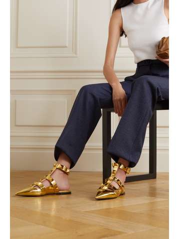 VALENTINO Valentino Garavani Roman Stud metallic leather point-toe flats