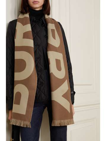 BURBERRY Fringed wool-jacquard scarf
