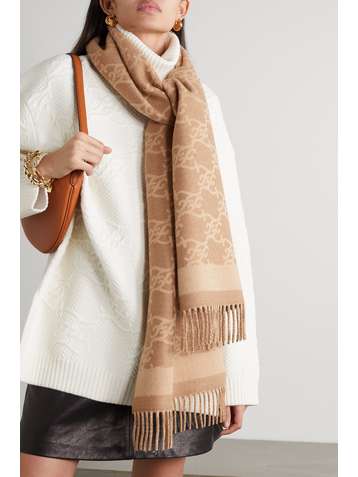 FENDI Fringed wool and cashmere-blend jacquard scarf