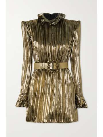 ANDREW GN Belted ruffled silk-blend plissé-lamé mini dress