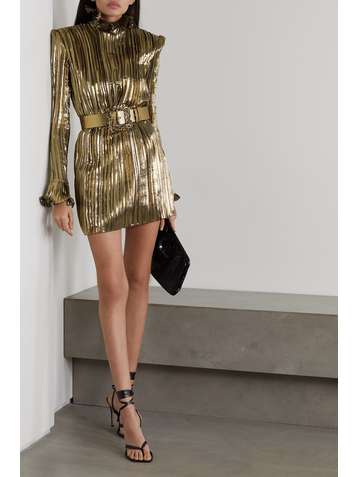 ANDREW GN Belted ruffled silk-blend plissé-lamé mini dress