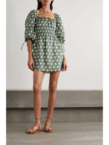 FAITHFULL THE BRAND + NET SUSTAIN Armina shirred polka-dot linen mini dress