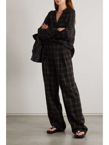 VINCE Pantalon large en laine mélangée recyclée à carreaux