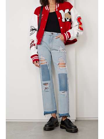 MONSE Distressed patchwork high-rise straight-leg jeans