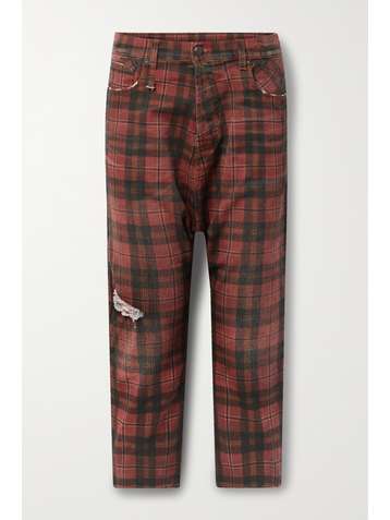 R13 Tailored Drop cropped distressed checked mid-rise straight-leg jeans