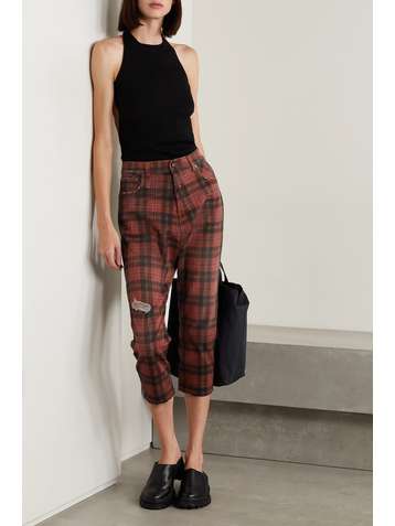 R13 Tailored Drop cropped distressed checked mid-rise straight-leg jeans
