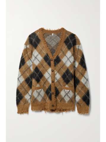 R13 Distressed argyle jacquard-knit cardigan