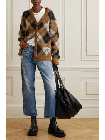 R13 Distressed argyle jacquard-knit cardigan