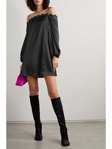 BERNADETTE Michelle off-the-shoulder scalloped stretch-silk satin mini dress