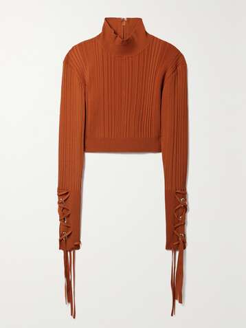 HERVÉ LÉGER Cropped lace-up ribbed-knit turtleneck top