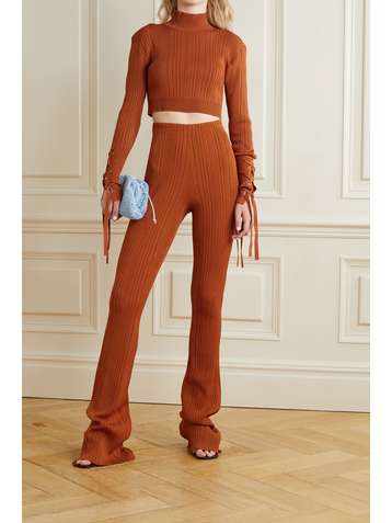 HERVÉ LÉGER Cropped lace-up ribbed-knit turtleneck top
